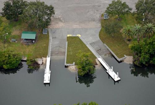 aerial view of two individual aluminum docks in water