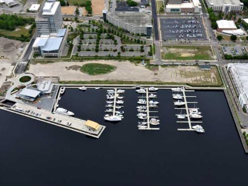 aerial view of golden concrete floating docks